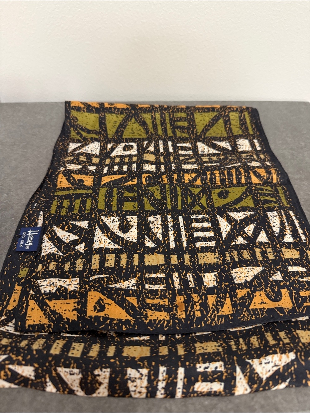 Mid-Century Geometric scarf in Olive, Mustard & Cream 100% silk